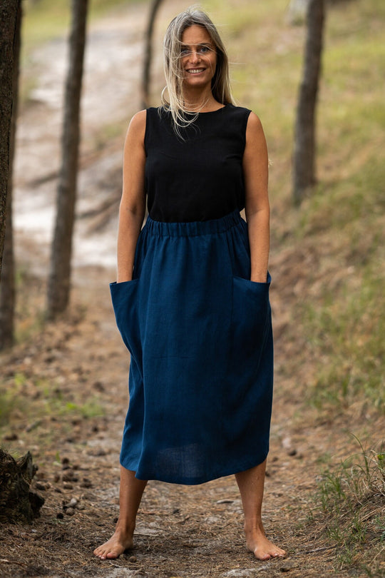 Knee-Length Linen Skirt Blue Color - Daily Linen