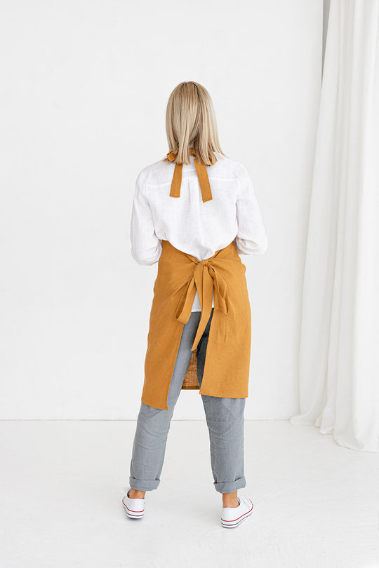 Model Wears Amber Yellow Color Linen Bib Apron 3 - Daily Linen