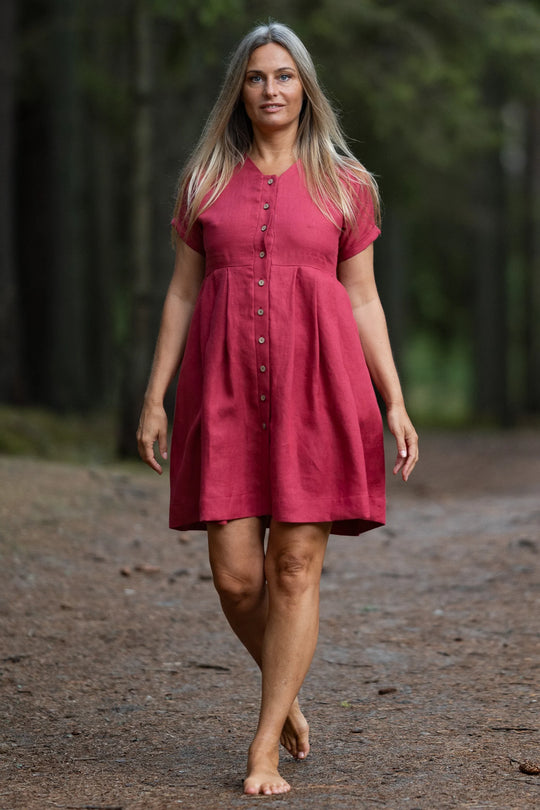 Raspberry Button Down Linen Dress 1 - Daily Linen