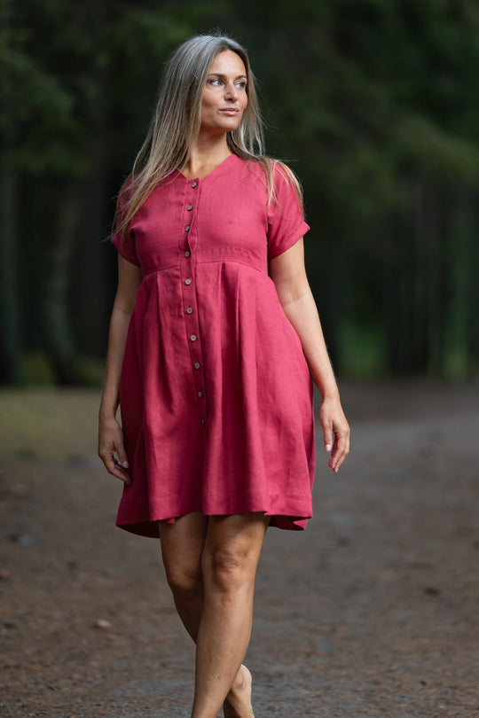 Raspberry Button Down Linen Dress 2 - Daily Linen