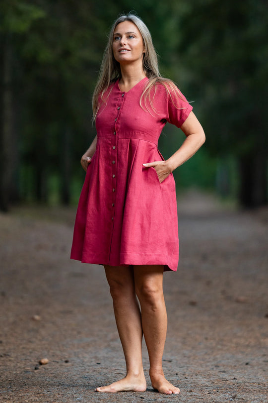 Raspberry Button Down Linen Dress 3 - Daily Linen