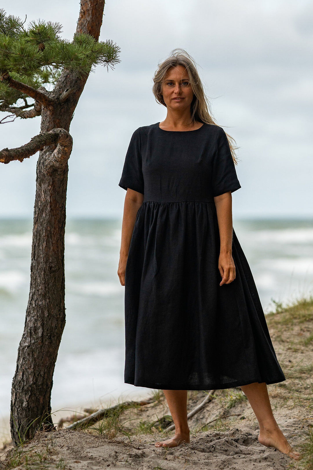 Linen Loose Dress Blue Sky In Black Color - Daily Linen