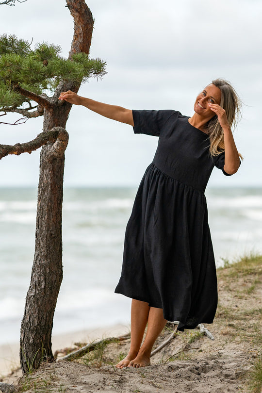 Linen Loose Dress Blue Sky In Black Color 3 - Daily Linen