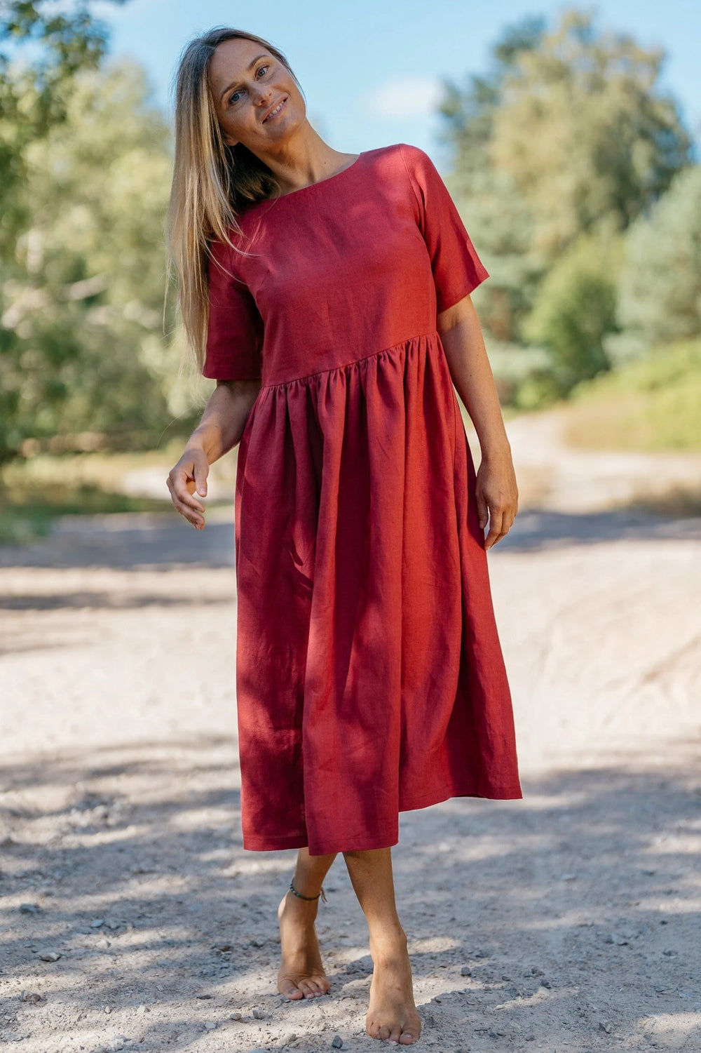 Linen Loose Dress Blue Sky In Raspberry Color 1 - Daily Linen