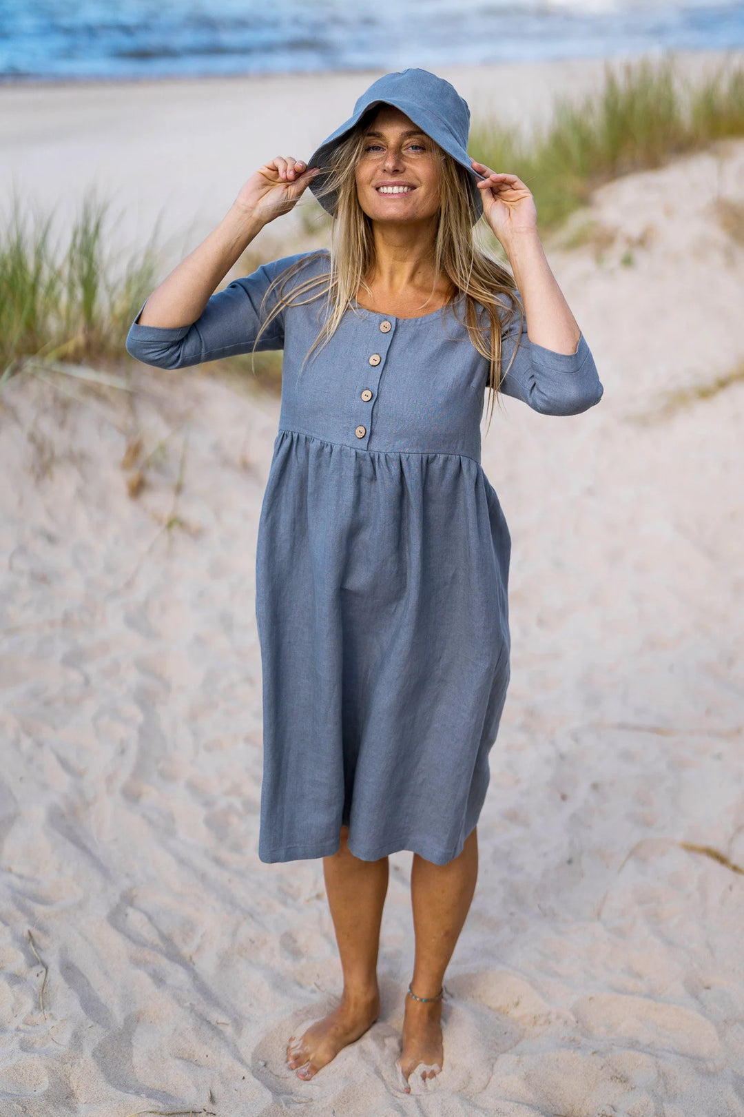 Model Wears Linen Maternity Dress Barbara 3/4 Sleeves In Grey Color - Daily Linen