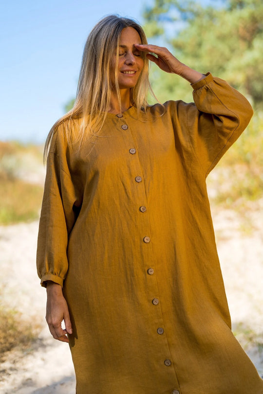 Linen Oversized Shirt Dress Nina In Amber Yellow Color - Daily Linen
