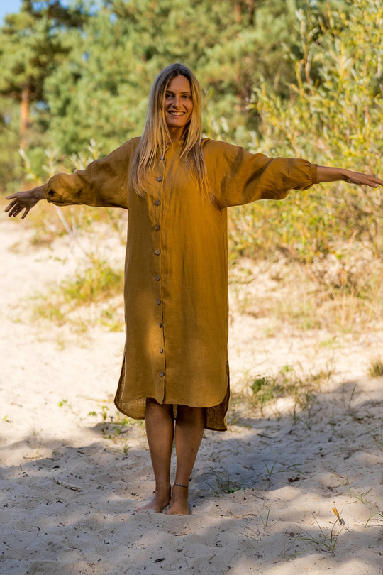 Linen Oversized Shirt Dress Nina In Amber Yellow Color 2 - Daily Linen