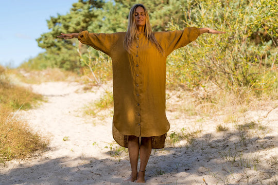 Linen Oversized Shirt Dress Nina In Amber Yellow Color 3 - Daily Linen
