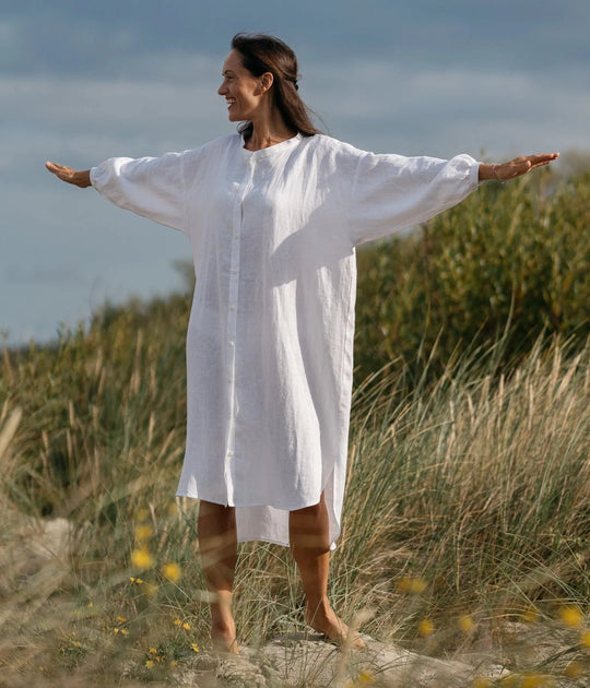 Model Wears Linen Oversized Shirt Dress Nina In White Color - Daily Linen