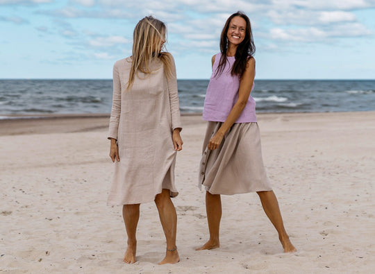 Model Demonstrates Linen Oversized Dress AURA Natural Color In Beach 4 - Daily Linen