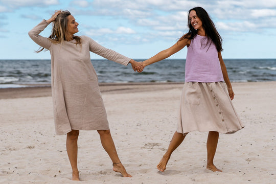 Model Demonstrates Linen Oversized Dress AURA Natural Color In Beach 5 - Daily Linen