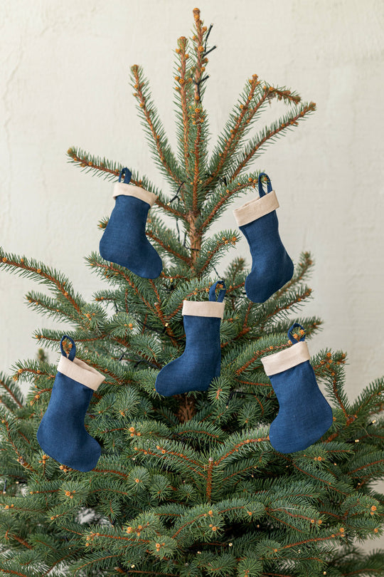 Linen Christmas Stockings In Midnight Blue Color Set Of 5pcs - Daily Linen