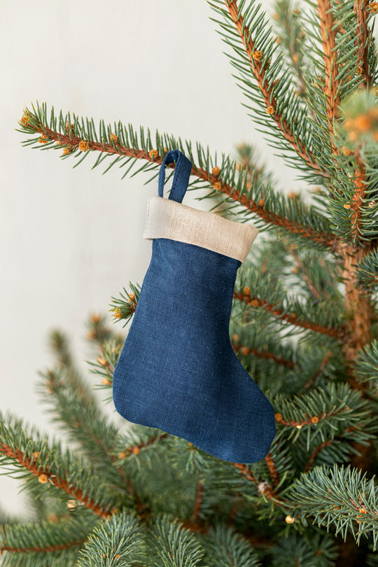 Linen Christmas Stockings In Midnight Blue Color Set Of 5pcs Hanging On Tree - Daily Linen