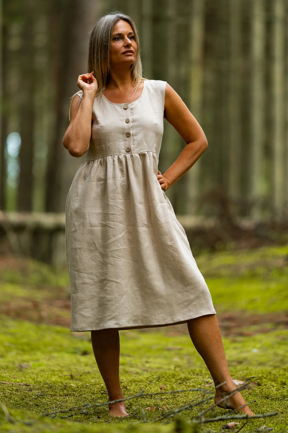 Model In Forest Wears Linen Sleeveless Dress Barbara In Natural Color 1 - Daily Linen