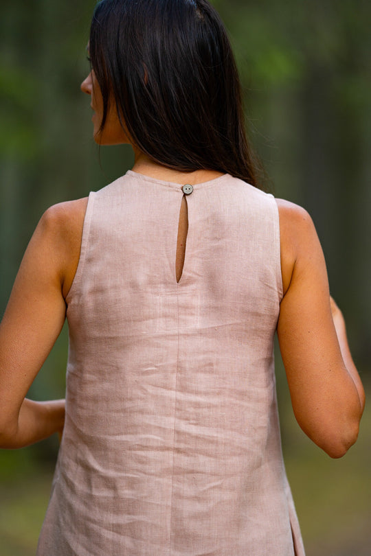 Model In Forest Demonstrates Linen Dress Victoria In Powder Color 3 - Daily Linen