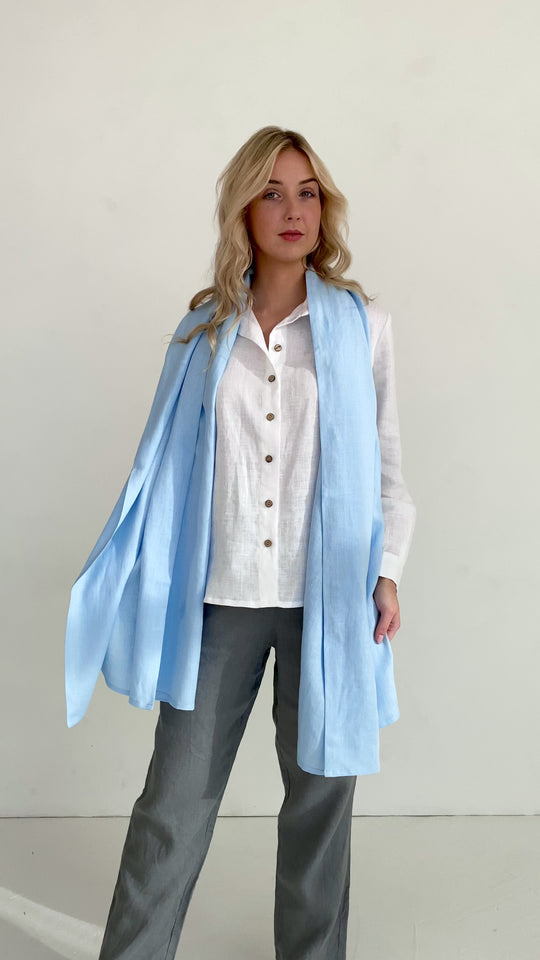 Model demonstrates linen scarf