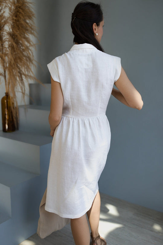 White Color Fitted Buttoned Linen Dress CINDERELLA - Daily Linen