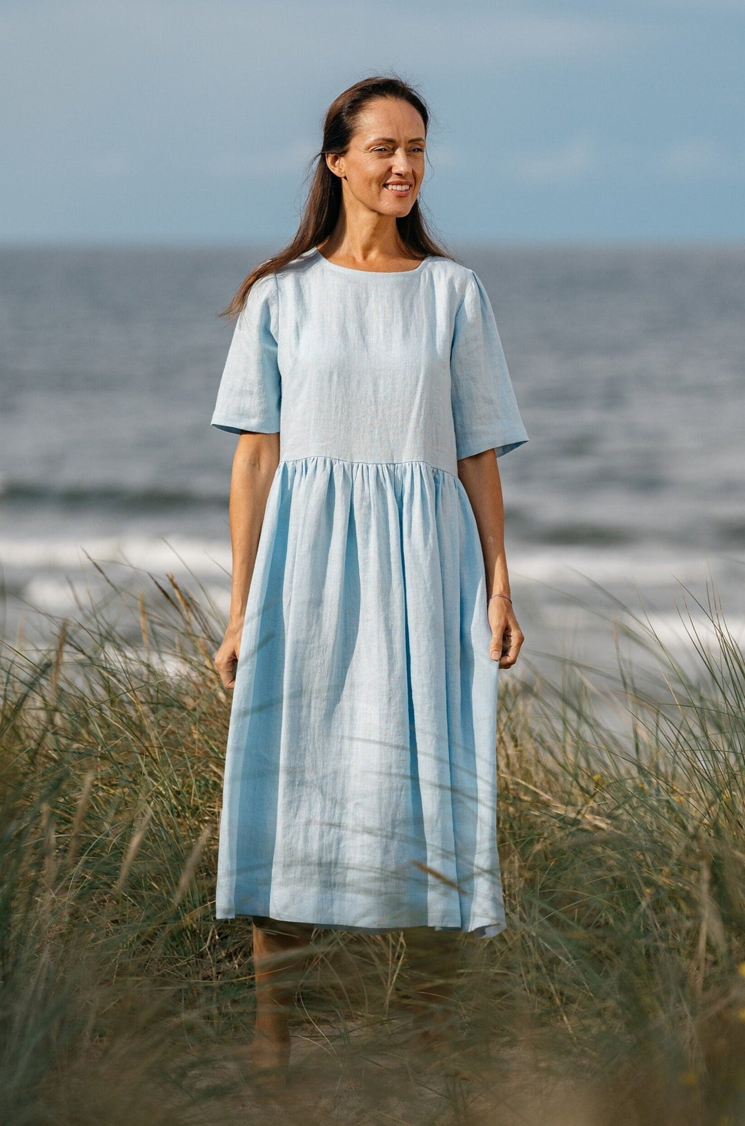 Linen Loose Dress BLUE SKY In Sky Blue Color - Daily Linen