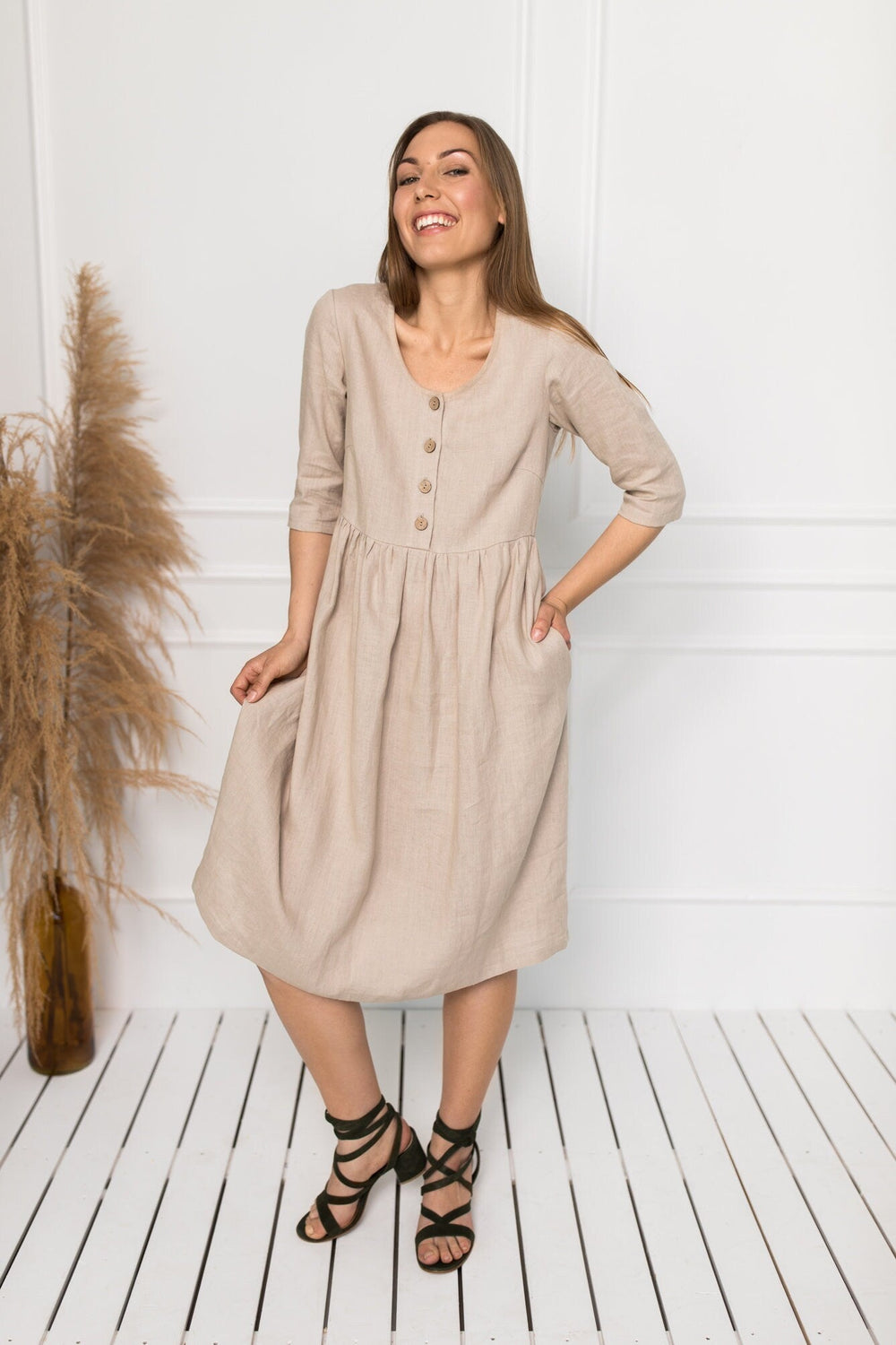 Model Wears Linen Maternity Dress Barbara 3/4 Sleeves In Natural Color 1 - Daily Linen
