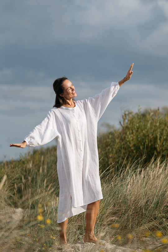 Model Wears Linen Oversized Shirt Dress Nina In White Color 2 - Daily Linen