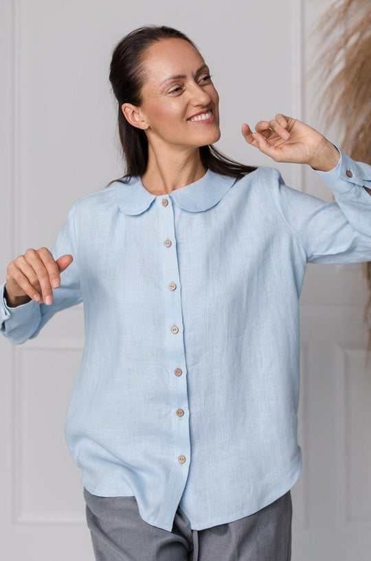 Model Wears Linen Round Collar Buttoned Shirt Samoa In Blue Color - Daily Linen