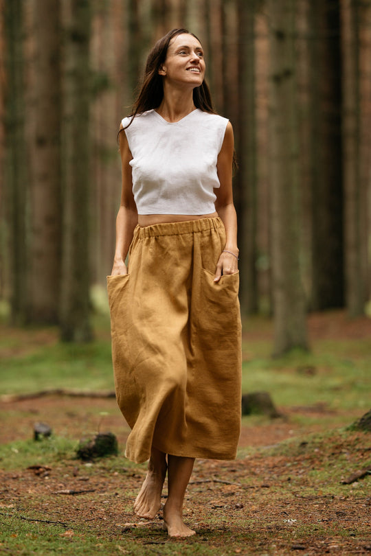 Linen Midi Skirt With Pockets In Amber Yellow Color 1 - Daily Linen