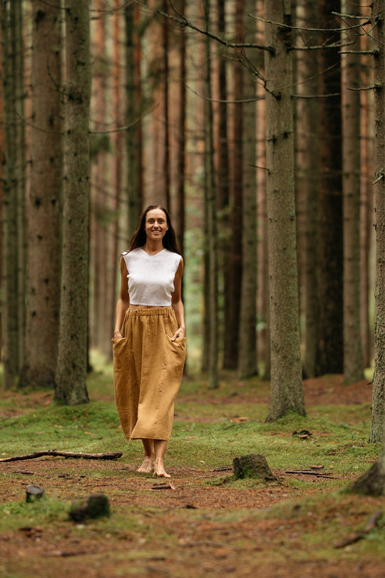 Linen Midi Skirt With Pockets In Amber Yellow Color  2- Daily Linen