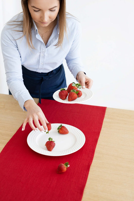 Red Color Linen Table Runner On Table - Daily Linen