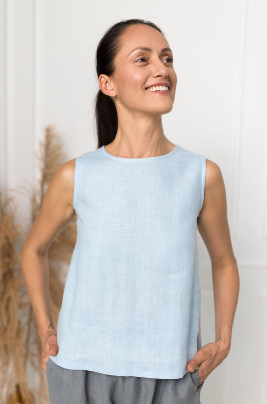 Model Demonstrates Linen Tank Top Teide In Sky Blue  Color - Daily Linen