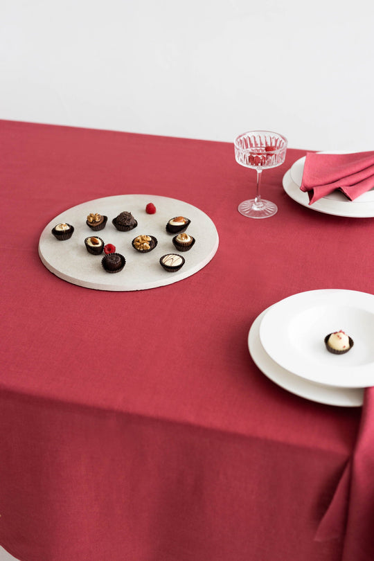 Linen Tablecloth In Raspberry Color Decorated On Table 2 - Daily Linen