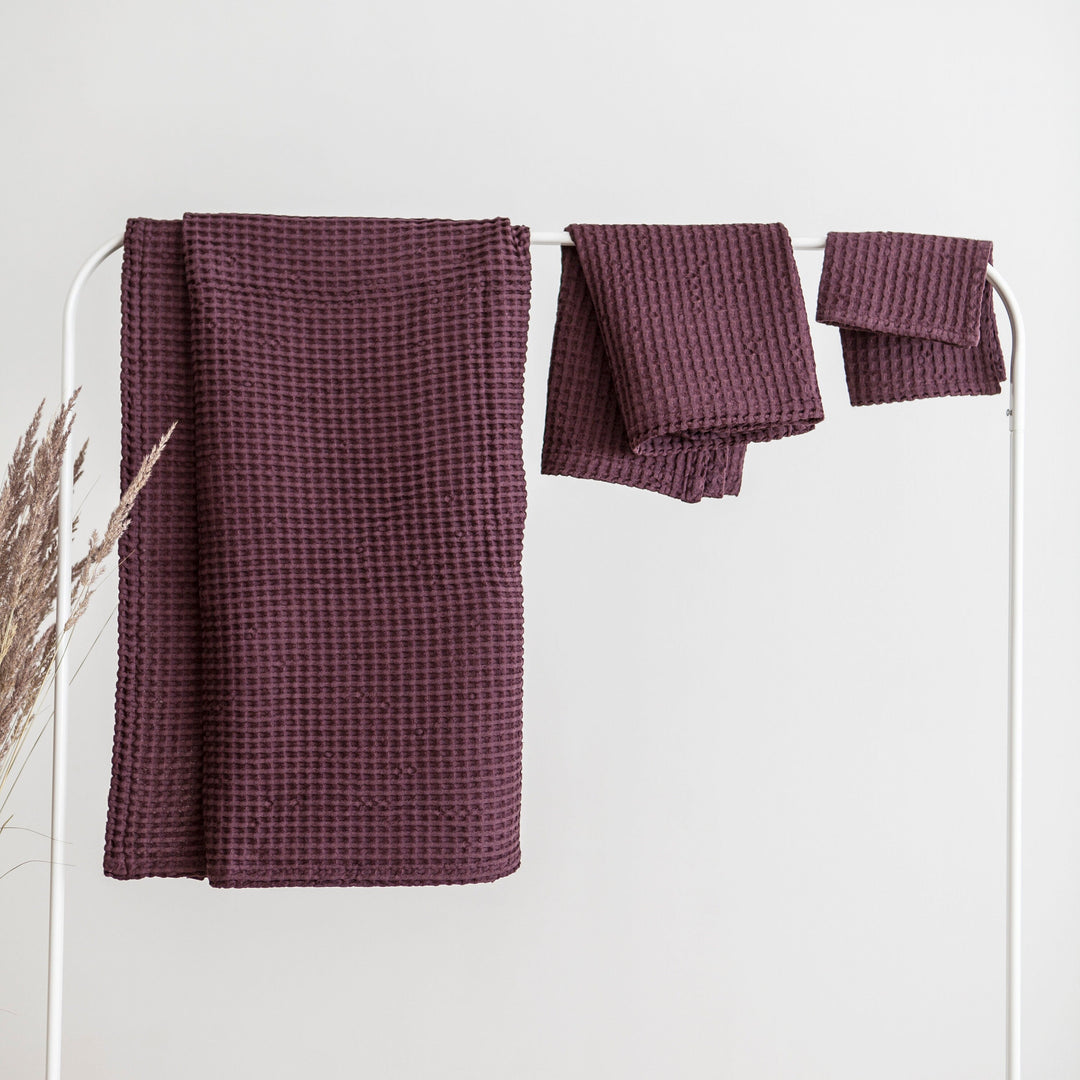 Red Wine Color Waffle Linen Towels Set 3pcs 1 - Daily Linen