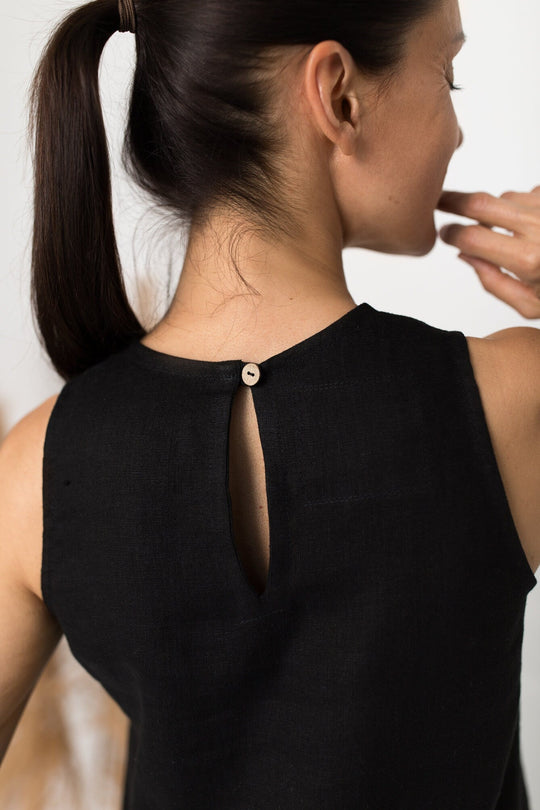 Model Demonstrates Linen Trapeze Dress Victoria In Black Color Close View - Daily Linen