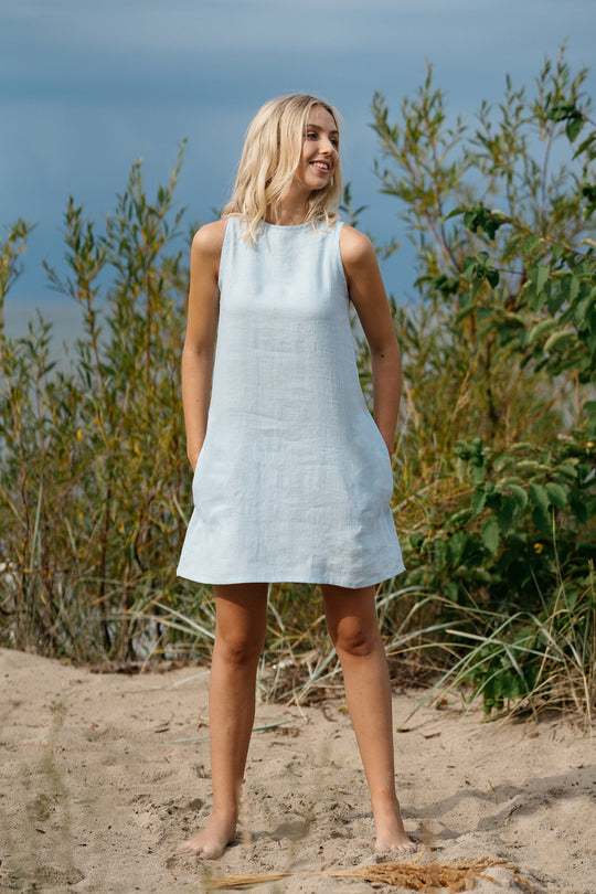 Model Demonstrates Linen Dress Victoria In Sky Blue Color 1 - Daily Linen