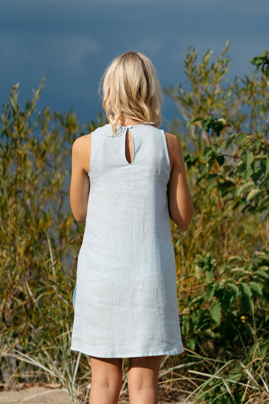 Model Demonstrates Linen Dress Victoria In Sky Blue Color 4 - Daily Linen