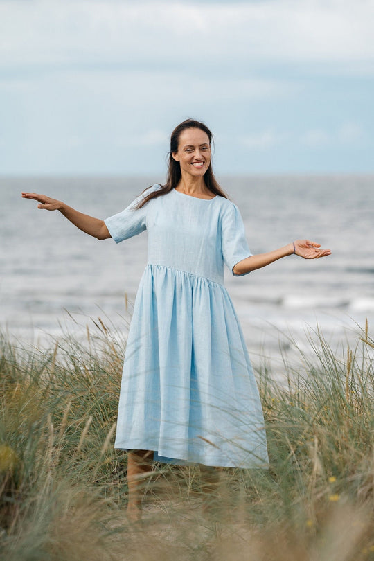 Model Wears Linen Maxi Dress Blue Sky With Half Sleeve 3 - Daily Linen