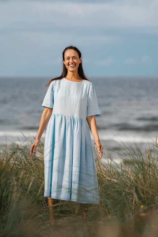 Model Wears Linen Maxi Dress Blue Sky With Half Sleeve 2 - Daily Linen
