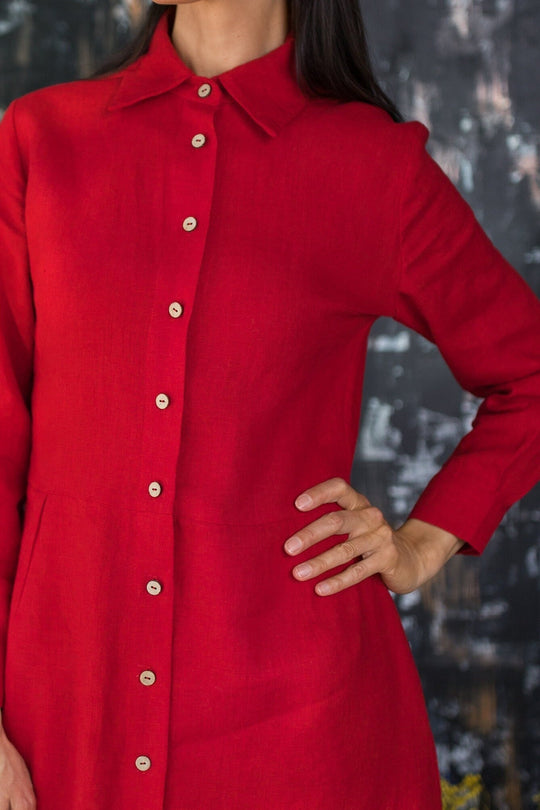 Buttoned red long linen dress