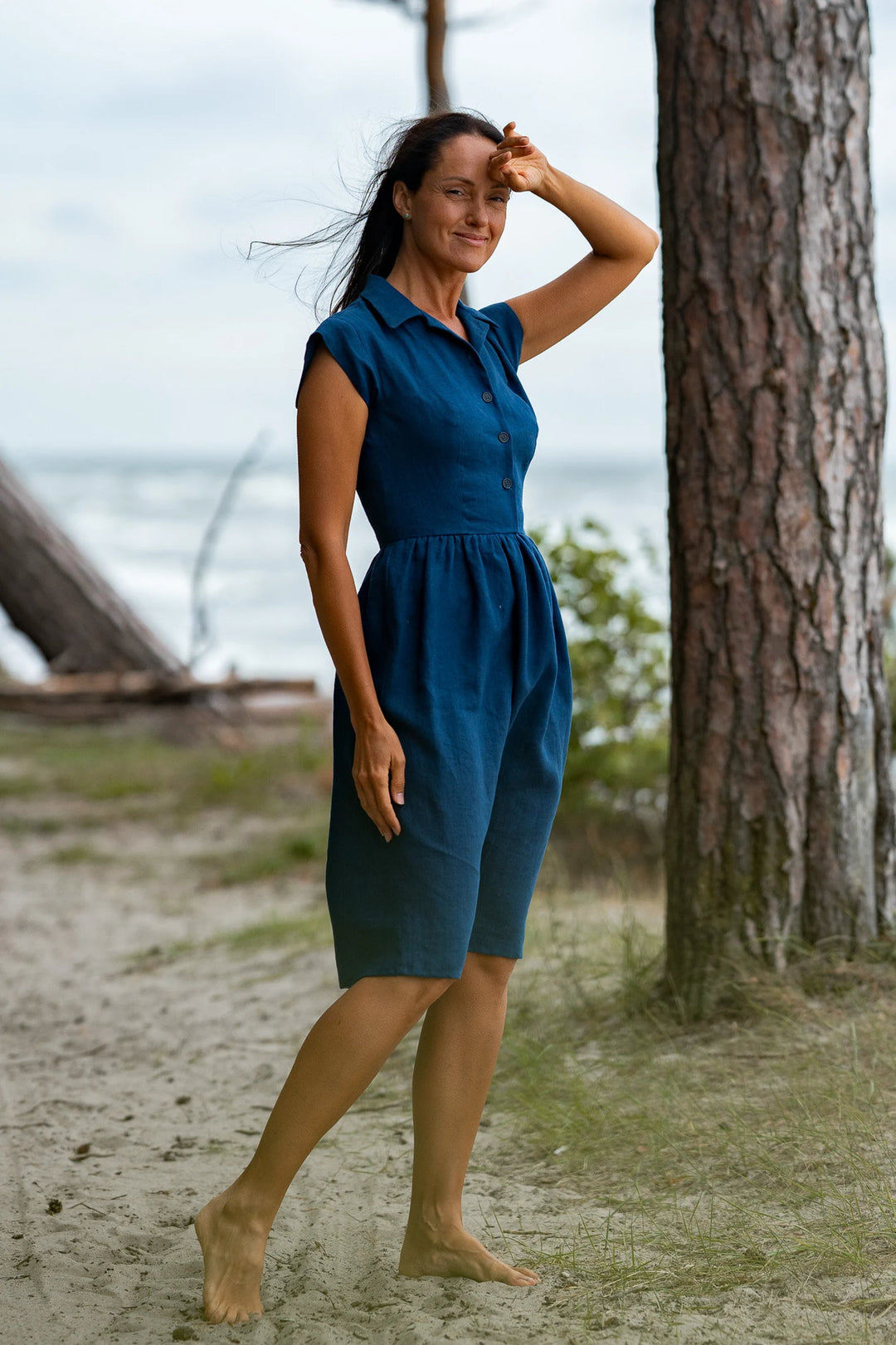 Fitted Linen Dress CINDERELLA In Midnight Blue M / Yellow Fitted Linen Dress CINDERELLA In Midnight Blue M / Yellow