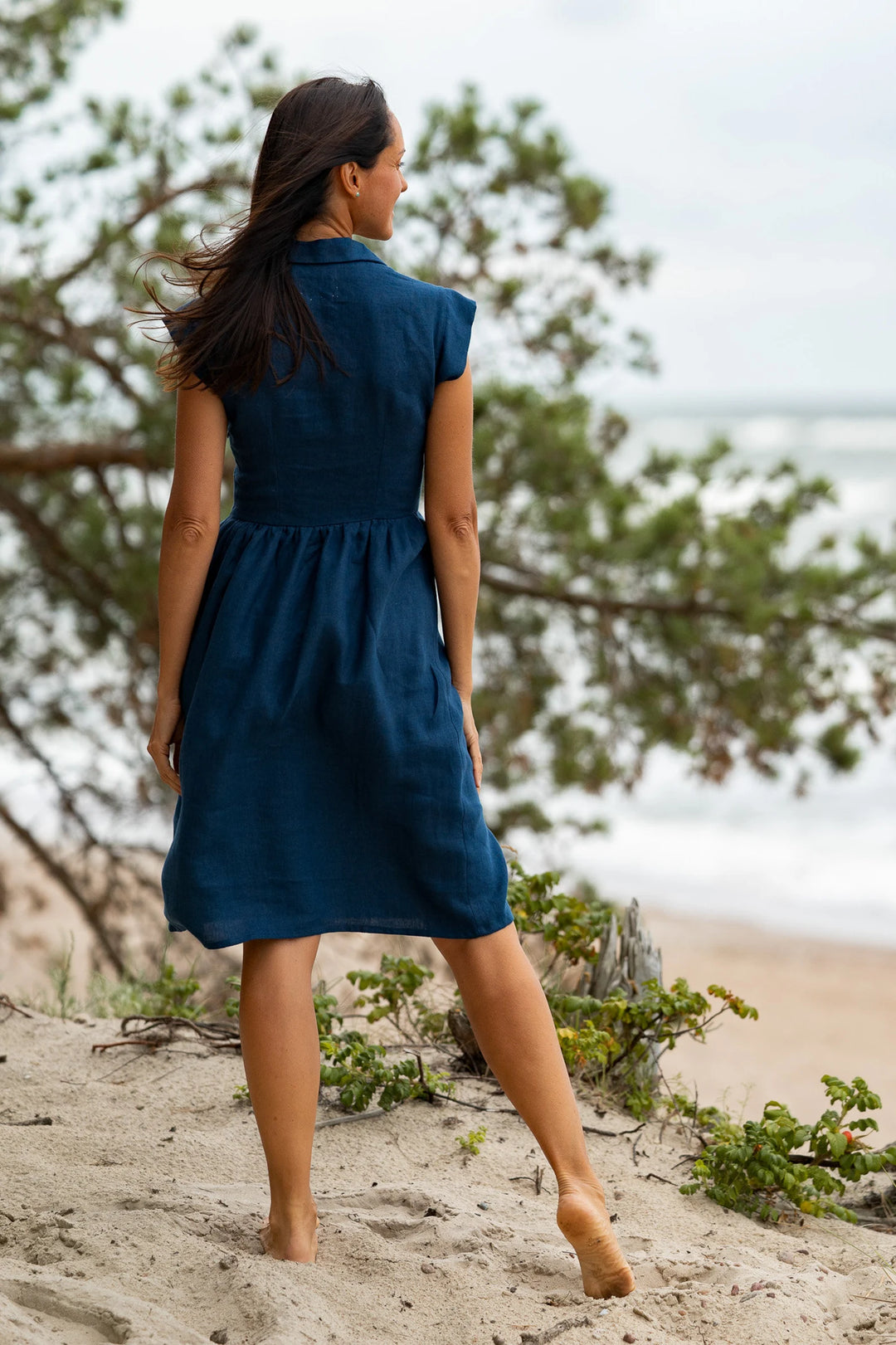 blue linen dress Fitted Linen Dress CINDERELLA In Midnight Blue M / Yellow