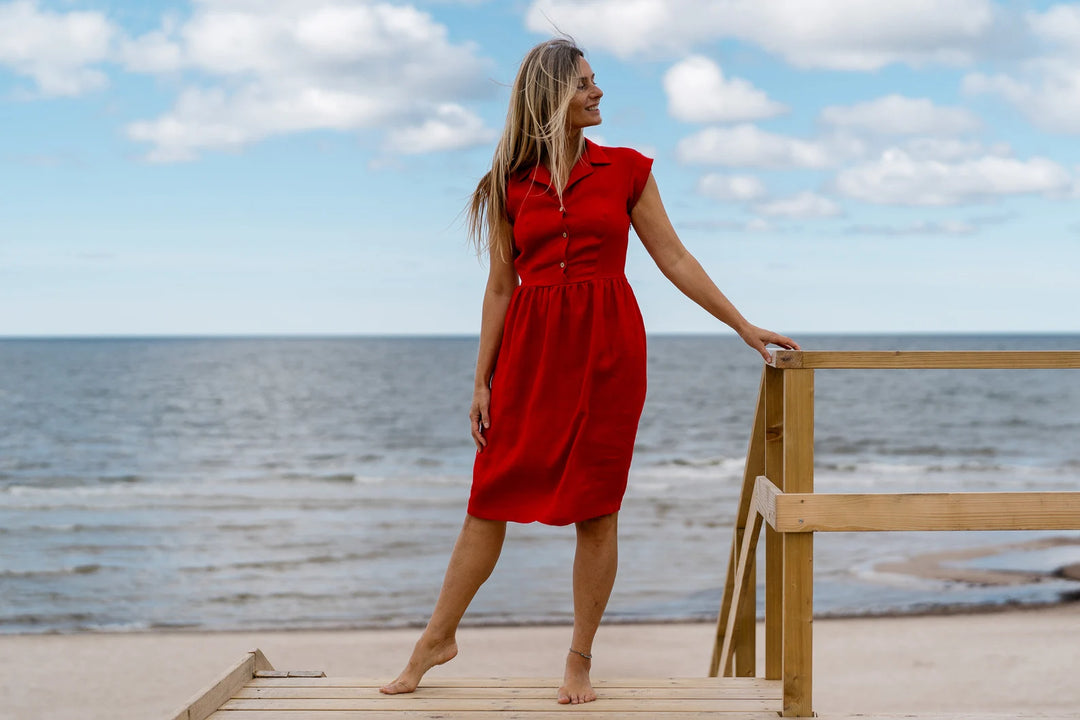 Linen fitted dress cinderella in red color - Daily Linen