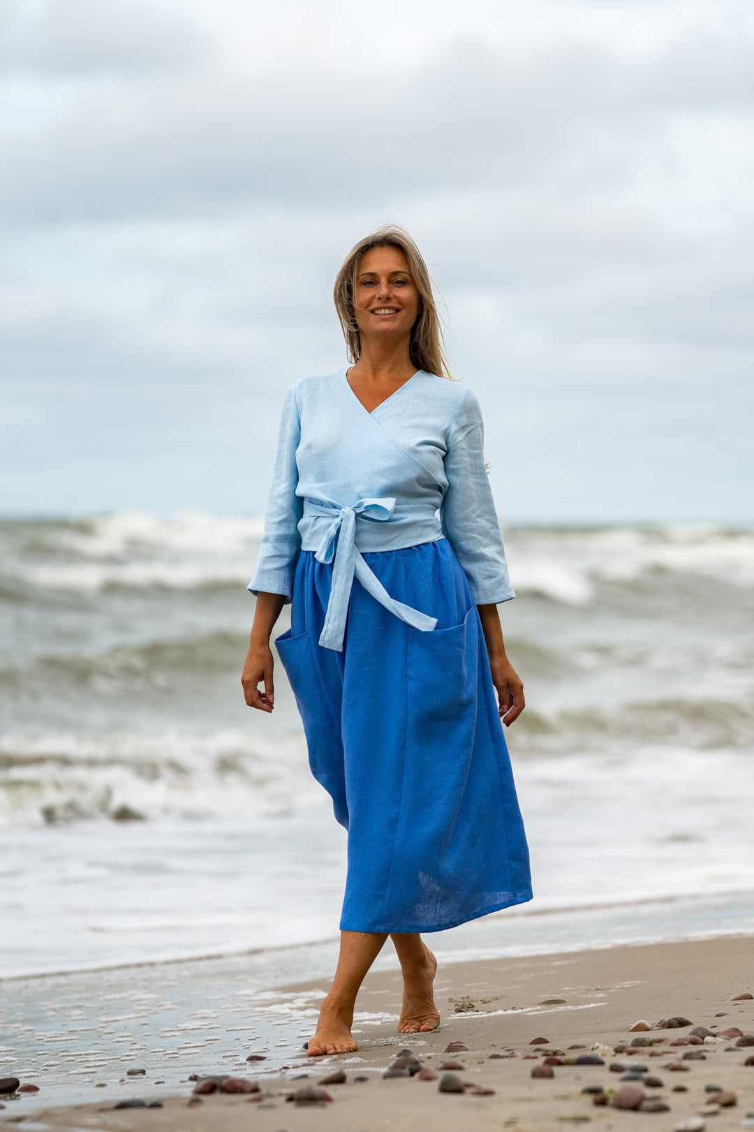 Deep Pockets Linen Skirt Blue Color - Daily Linen