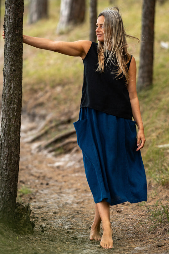 Knee-Length Linen Skirt Blue Color - Daily Linen