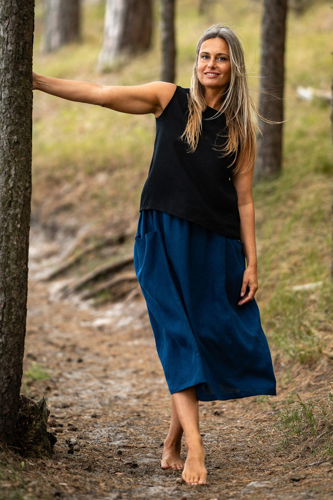 Knee-Length Linen Skirt Blue Color - Daily Linen