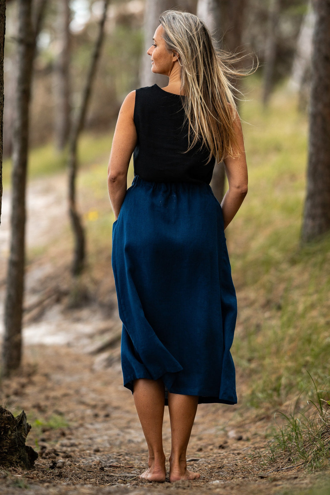 Knee-Length Linen Skirt Blue Color - Daily Linen