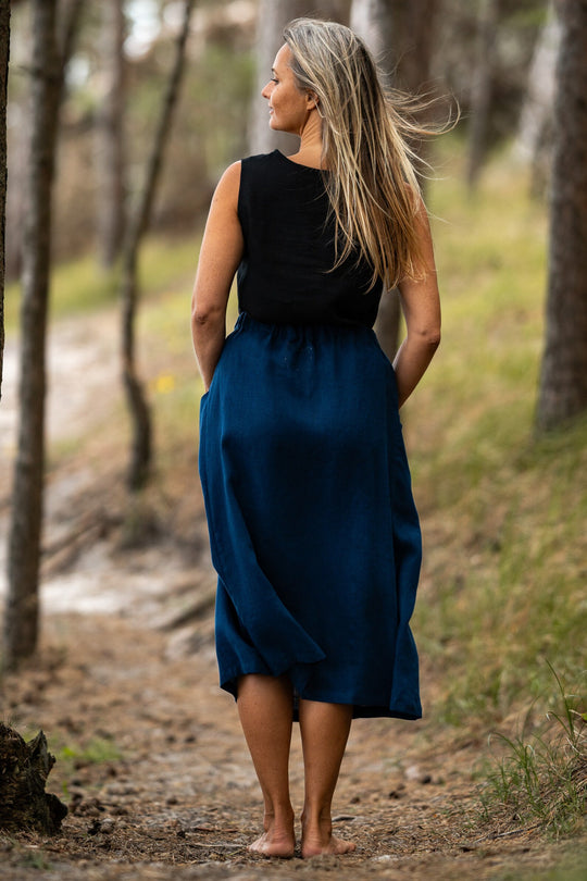 Knee-Length Linen Skirt Blue Color - Daily Linen