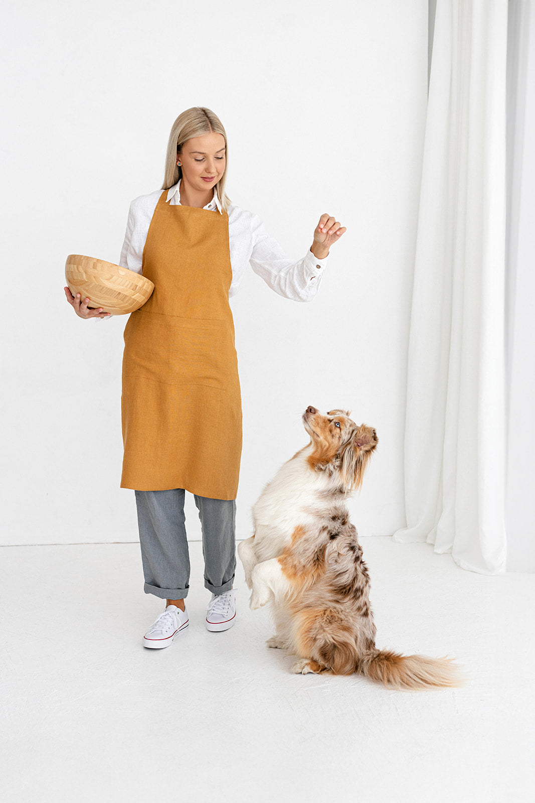 Model Wears Amber Yellow Color Linen Bib Apron - Daily Linen