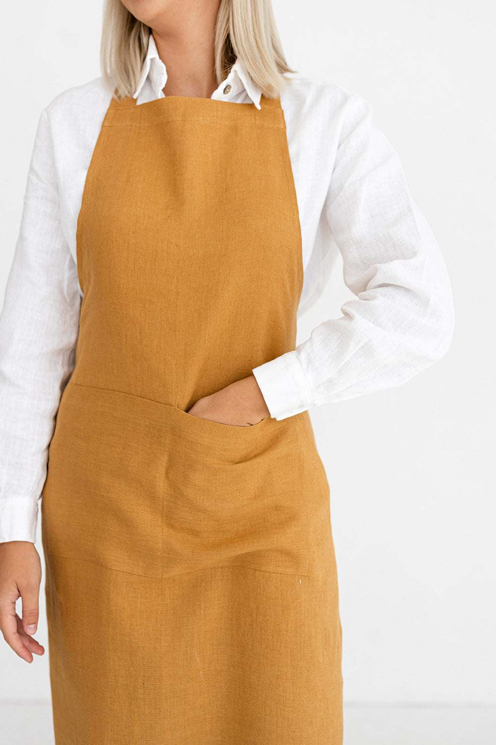 Model Wears Amber Yellow Color Linen Bib Apron 1 - Daily Linen