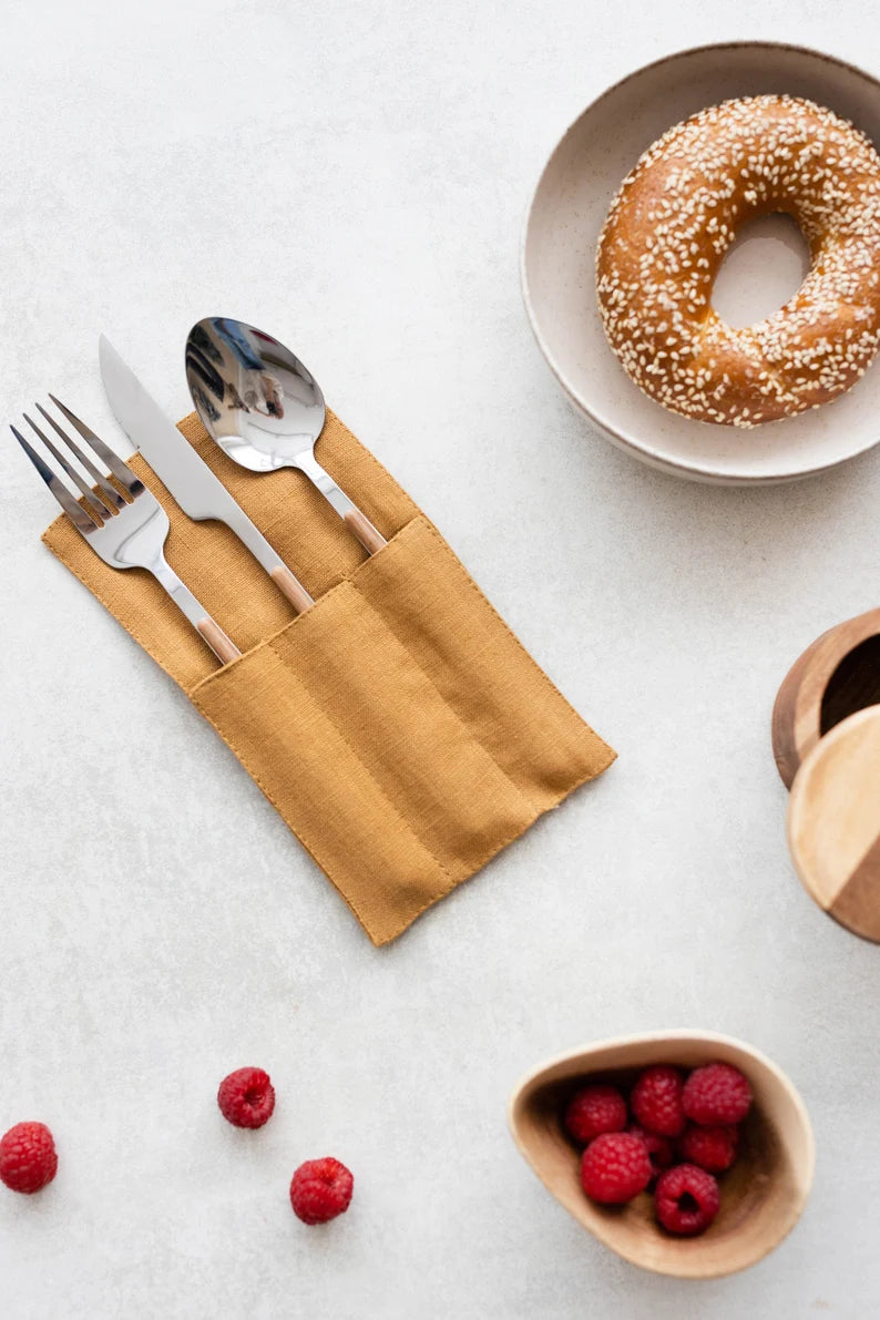 Linen Cutlery Holders Set of 2 In Amber Yellow Color - Daily Linen