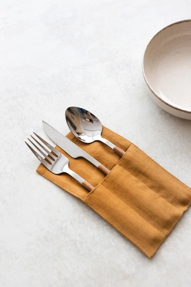 Linen Cutlery Holders Set of 2 In Amber Yellow Color 1 - Daily Linen