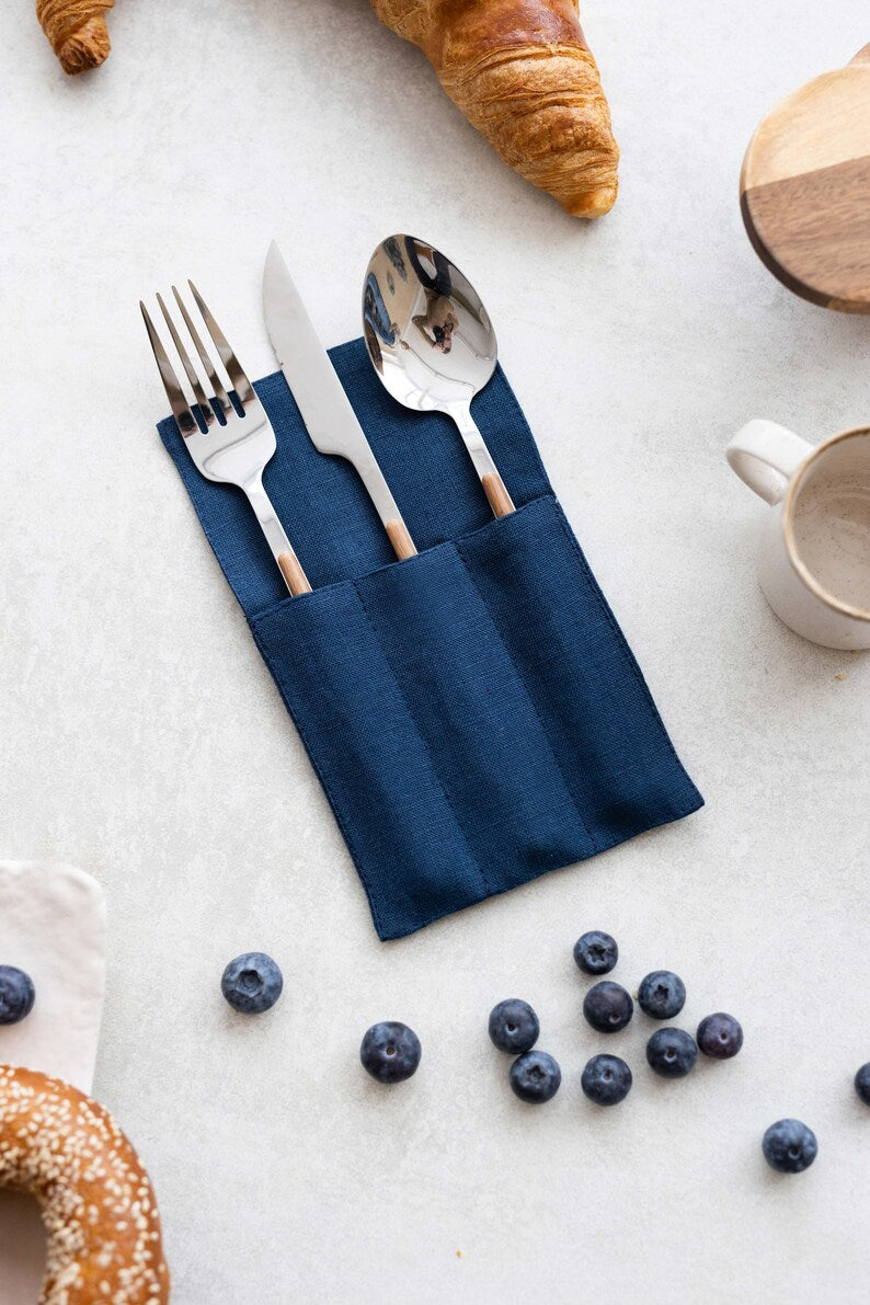 Linen Cutlery Holders Set of 2 In Midnight Blue Color - Daily Linen